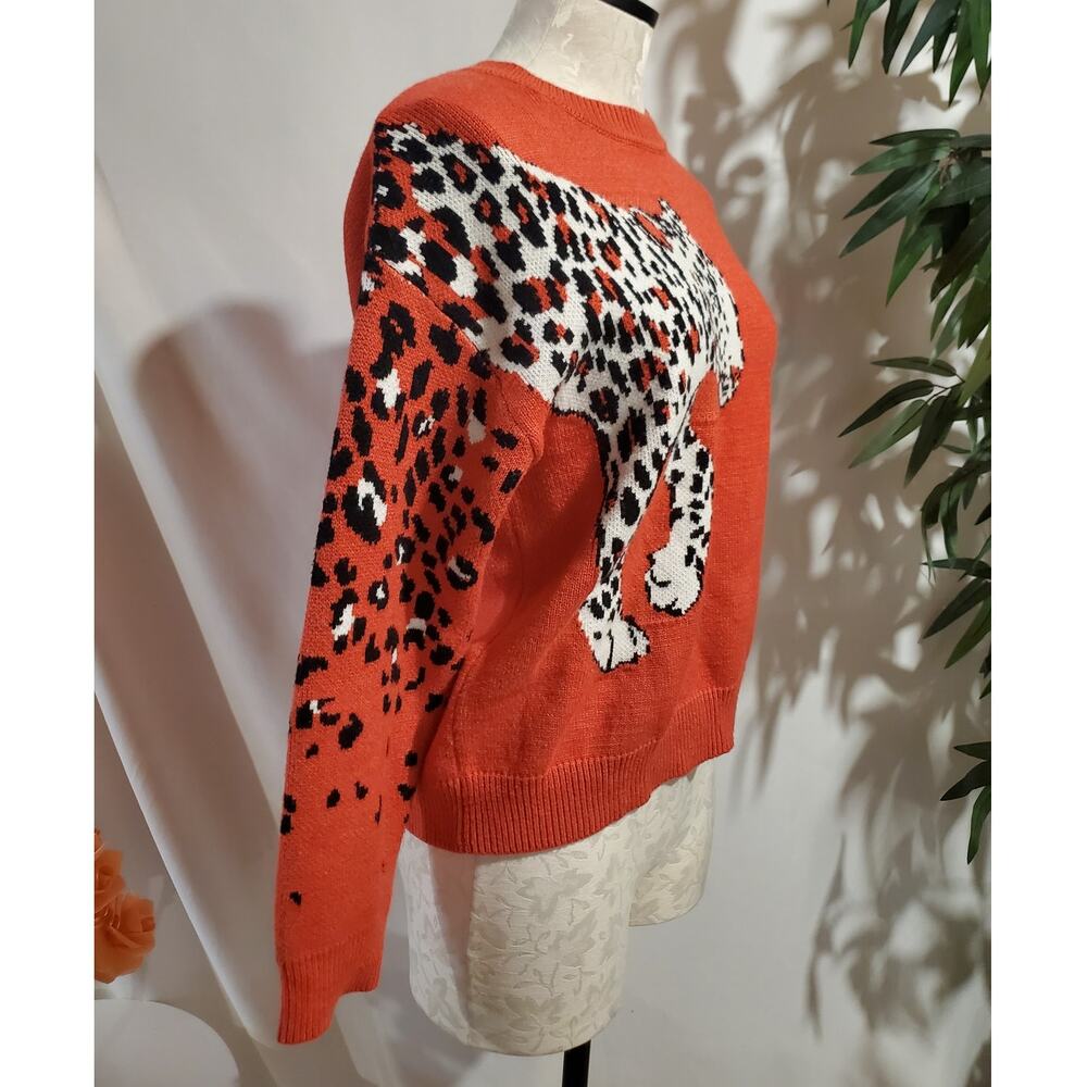 Minkpink Leopard Big Cat Boxy Crewneck Sweater Size XS Coral Orange Soft Knit - Picture 2 of 10